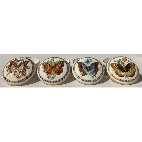 5262 - A set of four Royal Crown Derby Butterflies of The World circular trinket pots and covers, comprisin... 