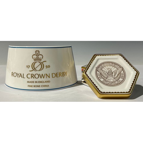 5243 - A Royal Crown Derby bow front namestand, 12cm wide, printed mark in grey, first quality, boxed; an u... 