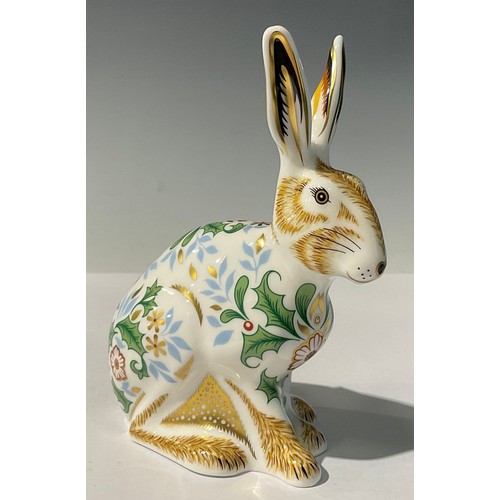 5221 - A Royal Crown Derby paperweight, Winter Hare, gold stopper, 13cm high, grey printed marks to undersi... 