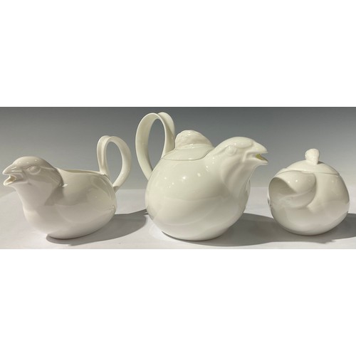 5255 - A Royal Crown Derby three piece Quail shape tea service, glazed throughout in gloss white, comprisin... 