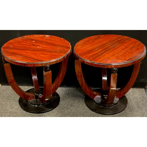 191 - A pair of  reproduction Art Deco style occasional tables, circular top, cradle-type pedestal base, s... 