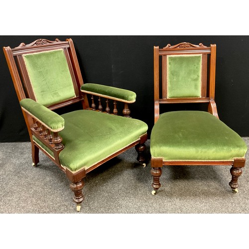 203 - A Victorian walnut sitting room armchair, and a matching chair, carved top-rail, upholstered back, a... 