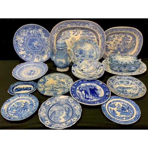 213 - Blue and white ware including large meat dish, others, a set of three Wedgwood floral print dishes, ... 