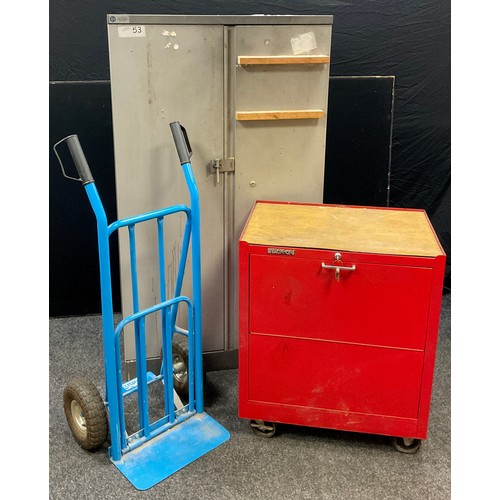 220 - A metal lockable tool cabinet by ‘Stack-on’, drawers to top section, single open compartment to base... 