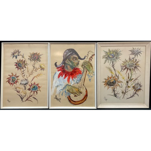 222 - Continental school, a pair of stylised floral studies, signed with initials RH, dated ‘67, oil on pa... 