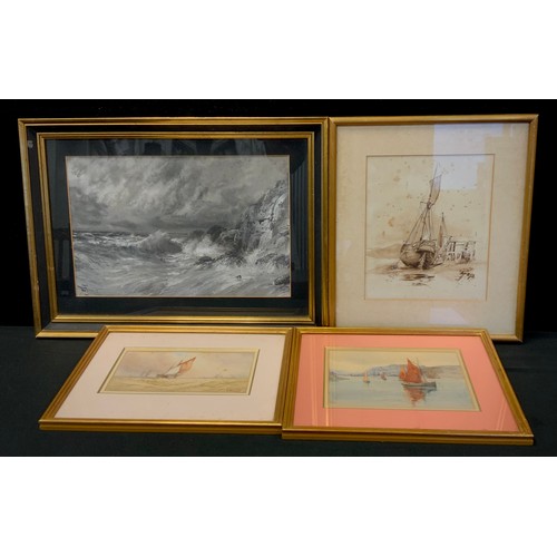 223 - E Wagnly, early 20th century, Stormy seas, signed, grisaille watercolour, 30cm x 46cm;  another thre... 