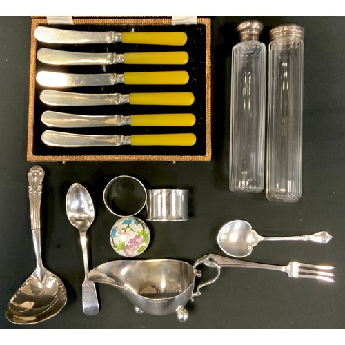 297 - Sliver and plate including trefoil spoon, Sheffield goldsmiths, 1929, silver topped hat pin jars; et... 