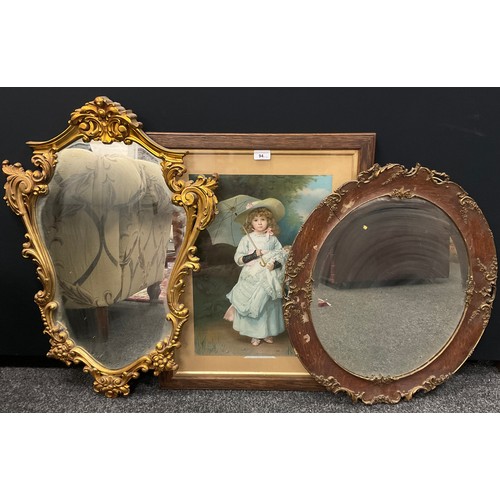 94 - Mirrors including solid oak and gilt rococo oval mirror,60cm high, other similar, a 20th century col... 