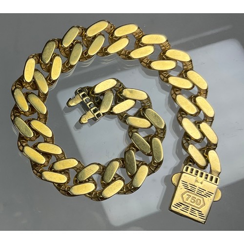 324 - A yellow metal curb link bracelet, enamelled ZZ clasp, stamped 750, 19cm long, 1.1cm wide, 17.7g