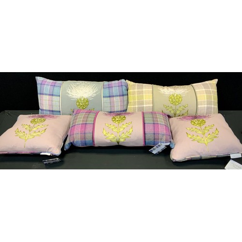 199A - Voyage Maison feather cushions - three rectangular and two square all thistle design with tartan det... 