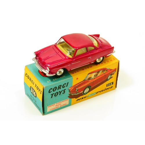 7129 - Corgi Toys 316 NSU Sport Prinz, metallic cerise body with lemon yellow interior, spun hubs, boxed