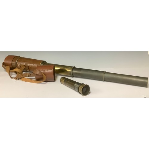 3040 - A brass four draw telescope, brown leather case with strap