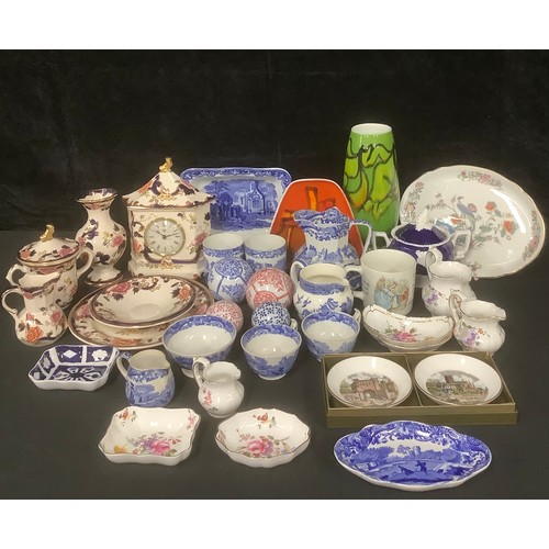 3063 - A Mason's Mandalay pattern mantel clock, trembleuse covered cup and saucer, vase, etc; a Poole Delph... 