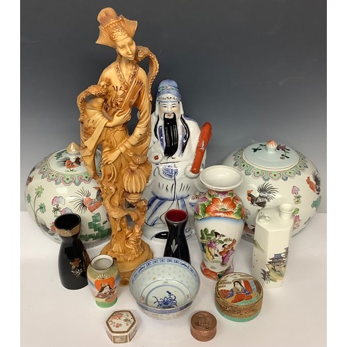 3065 - A Chinese export ware figure, two ginger jars and covers, assorted vases and trinket pots, resin dei... 