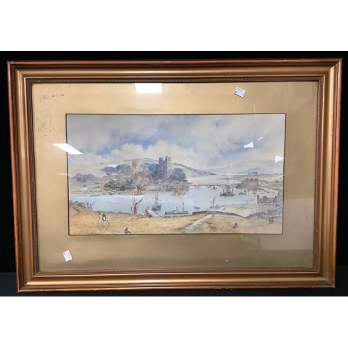 3069 - J Ford (1880)
Busy Estuary Scene with Shipping  
signed, watercolour, 29cm x 52.5cm