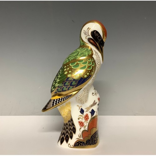 5075 - A Royal Crown Derby paperweight, Green Woodpecker, gold stopper, 17.5cm, printed mark in red