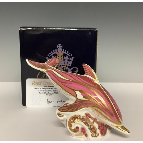 5141 - A Royal Crown Derby paperweight, Pink Dolphin, limited edition 289/750, gold stopper, 17cm long, pri... 