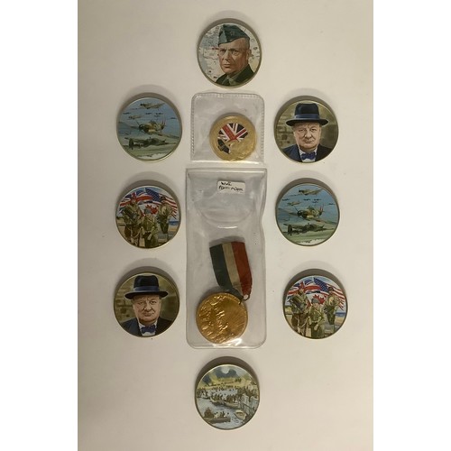 3153 - Badges & Medals - a WWI European War 1914-1919 peace medal; a D-Day 50th Northumbrian Division coin;... 