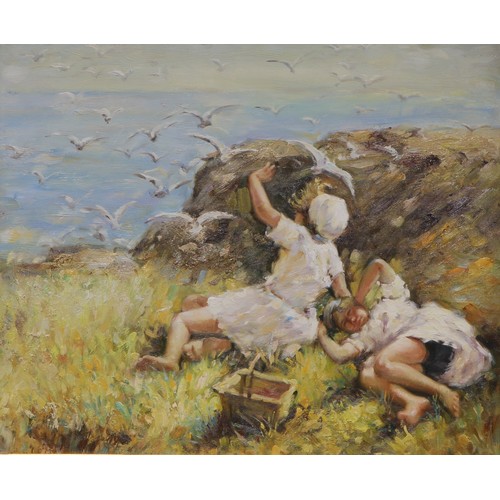 1004 - After Dorothea Sharp
Children Picnicking on Cornish Cliffs
oil on canvas, 49cm x 59.5cm