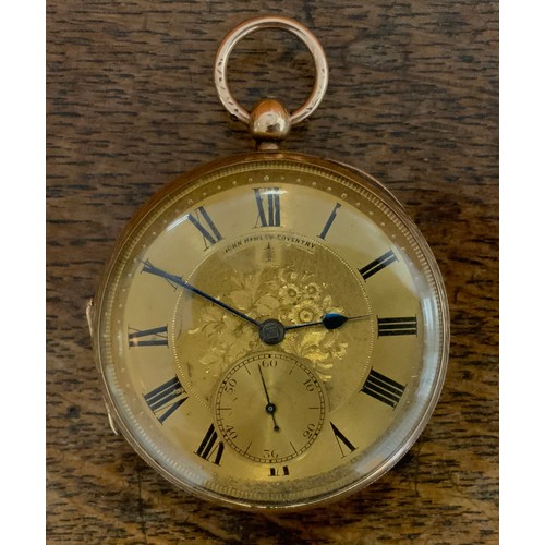 329 - A 9ct gold cased open face pocket watch, John Hawley Coventry, gilt floral dial, key wind movement, ... 