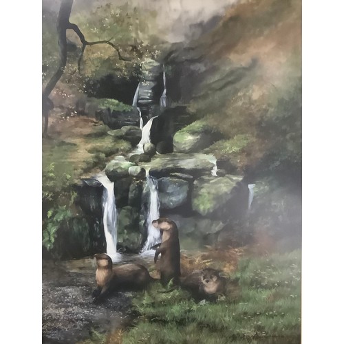 3185 - Caroline Manning  
Upland Stream with Otters  
signed, watercolour, 70cm x 53cm