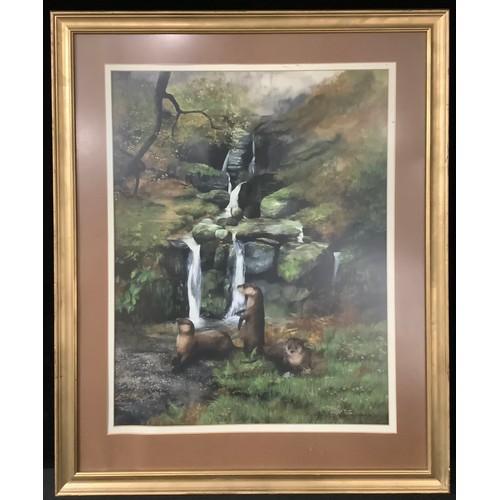 3185 - Caroline Manning  
Upland Stream with Otters  
signed, watercolour, 70cm x 53cm