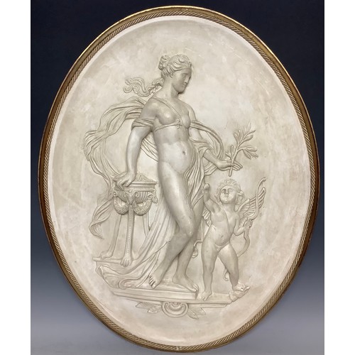 3188 - A plaster cast plaque, depicting Daphne and Putta in relief, after the antique, giltwood frame with ... 