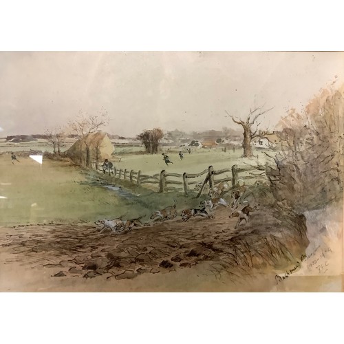 3189 - F. G. C.
Bushmead Beagles
Signed, dated 1933-1939, watercolour, 18cm x 25.5cm