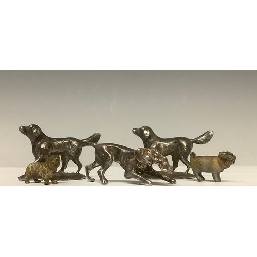 3206 - Two miniature Viennese cold painted dogs; a silvered dog with game; two silvered labradors (5)