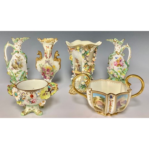 3217 - A pair of early 19th century Coalport Coalbrookdale type vases or jugs, painted with birds and flowe... 