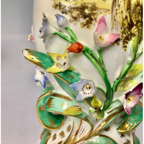 3217 - A pair of early 19th century Coalport Coalbrookdale type vases or jugs, painted with birds and flowe... 