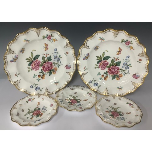 3234 - A pair of Royal Crown Derby Derby Days pattern shaped circular dinner plates, 25.5cm diameter, first... 