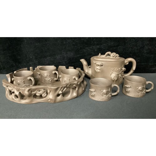 3270 - A Chinese Yixing seven piece tea set, decorated with squirrels, character mark (7)