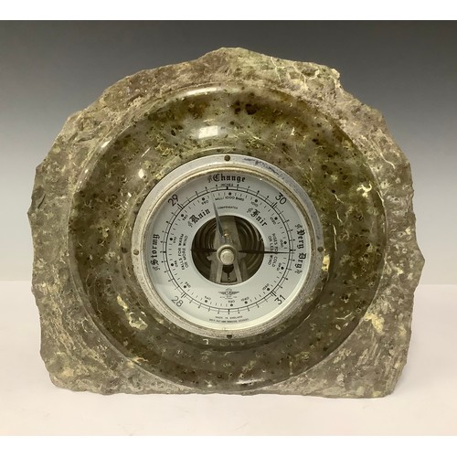 3281 - A Cornish serpentine Shortland Smiths desk barometer, polished and rough cut finish, 22cm high