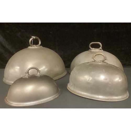 3320 - A set of three late 19th century pewter graduated meat domes, scroll handles, James Dixon & Sons, nu... 