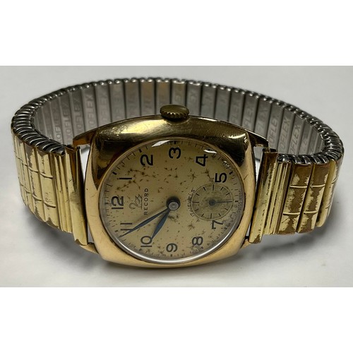 3378 - A 9ct gold Record watch, square case, champagne dial, subsidiary second dial at 6 o'clock