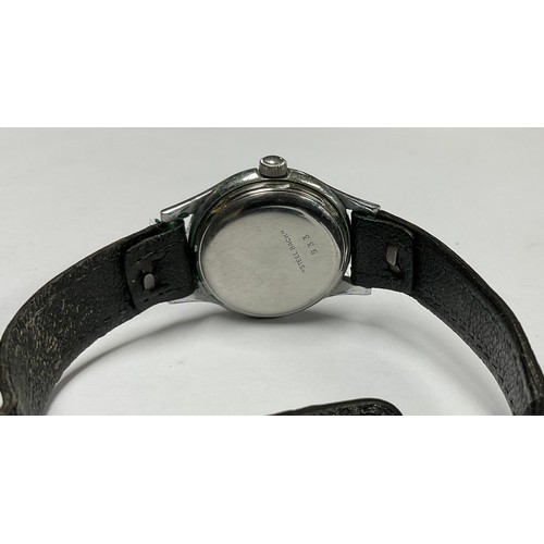 3380 - An Eska military watch, steel case, block dial, white chapter ring, black leather strap.