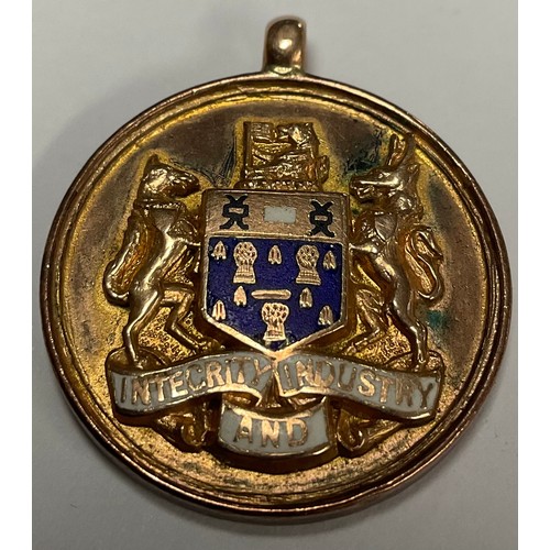 3381 - A 9ct gold enamelled fob medal, Birmingham 1927, 8.8g gross