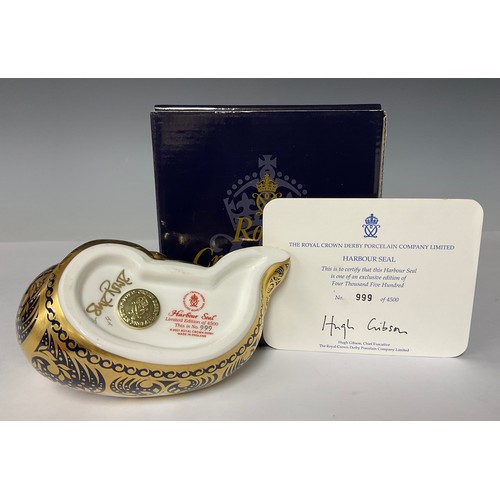 3020 - A Royal Crown Derby paperweight, Harbour Seal, 15cm, limited edition 999/4,500, hand signed in gold ... 