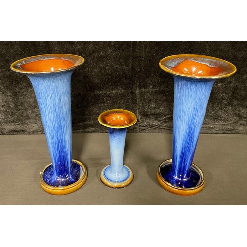 3239A - A pair of Denby Danesby Ware Electric Blue trumpet shaped vases, 26cm, another smaller, 15cm, printe... 