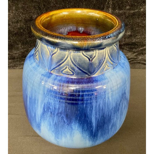 3239 - A Denby Danesby Ware Electric Blue ovoid vase, the neck incised with a band of stylised leaves, ribb... 