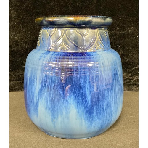 3239 - A Denby Danesby Ware Electric Blue ovoid vase, the neck incised with a band of stylised leaves, ribb... 