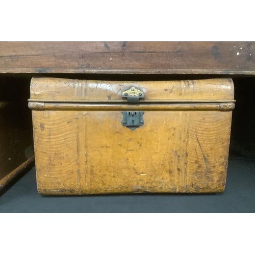 3398 - A metal trunk, hinged, domed cover; a travel trunk; a stained pine carpenter's box, hinged cover, re... 