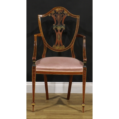 2963 - A Sheraton Revival painted satinwood armchair, shield shaped back with pierced splat, stuffed-over s... 