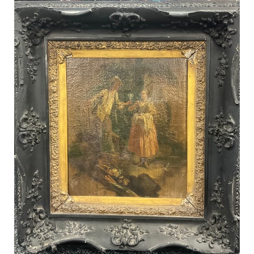 3076 - 18th century English School
Courting Scene
unsigned, oil on canvas, ornate giltwood and ebonised fra... 