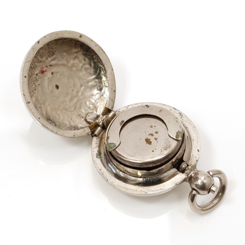 85 - An unmarked white metal sovereign case, sprung interior, 3cm diameter, suspension loop