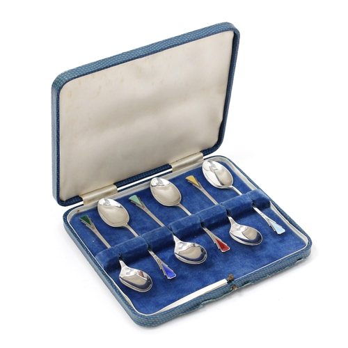 200 - A set of six 1950's silver and harlequin enamel teaspoons, the terminals decorated in the 'Art Deco'... 