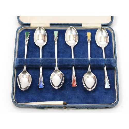 200 - A set of six 1950's silver and harlequin enamel teaspoons, the terminals decorated in the 'Art Deco'... 