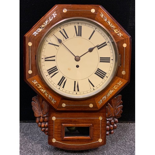 61 - A 19th century Drop-dial wall clock, rosewood veneered case, with mother-of-pearl inlay, fusee movem... 