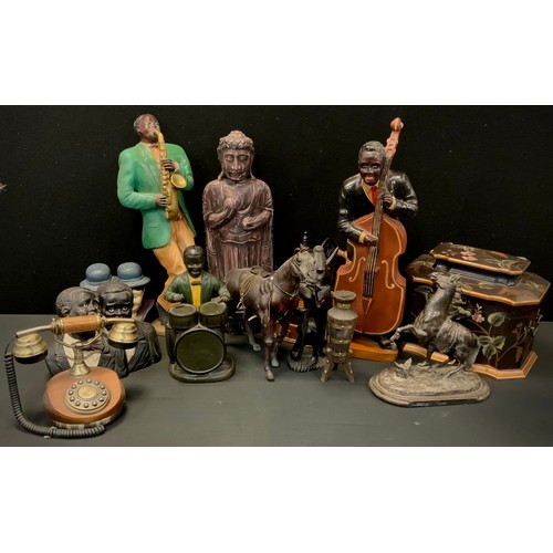 69 - A patinated spelter figure, Marley Horse;  Minstrel Musicians, leather Race Horse,  coffee grinder, ... 